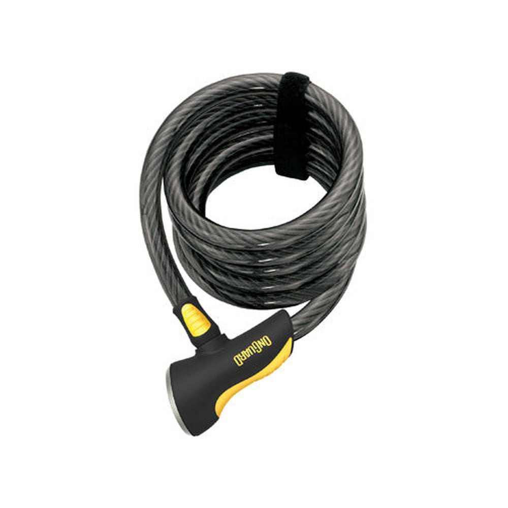 OnGuard Doberman coiled cable bike lock with black cable and yellow lock mechanism