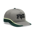 Fox Racing snapback hat in gray with dark green brim and lime accent stripe