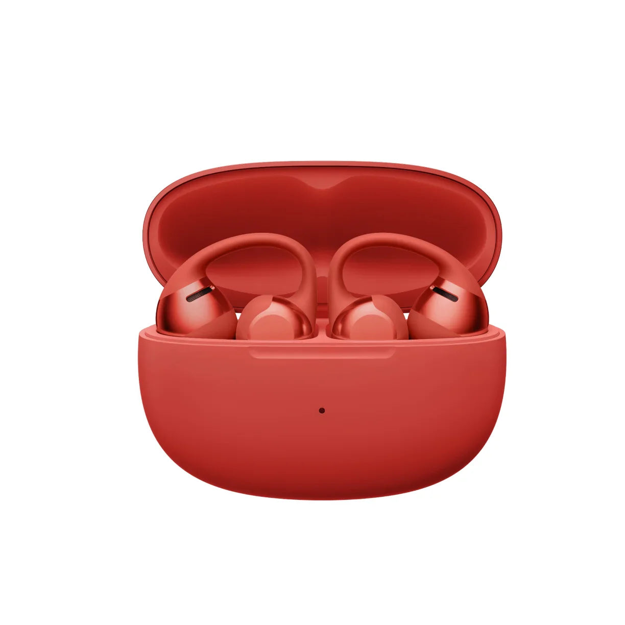 Red Shokz OpenDots ONE wireless earbuds in open charging case