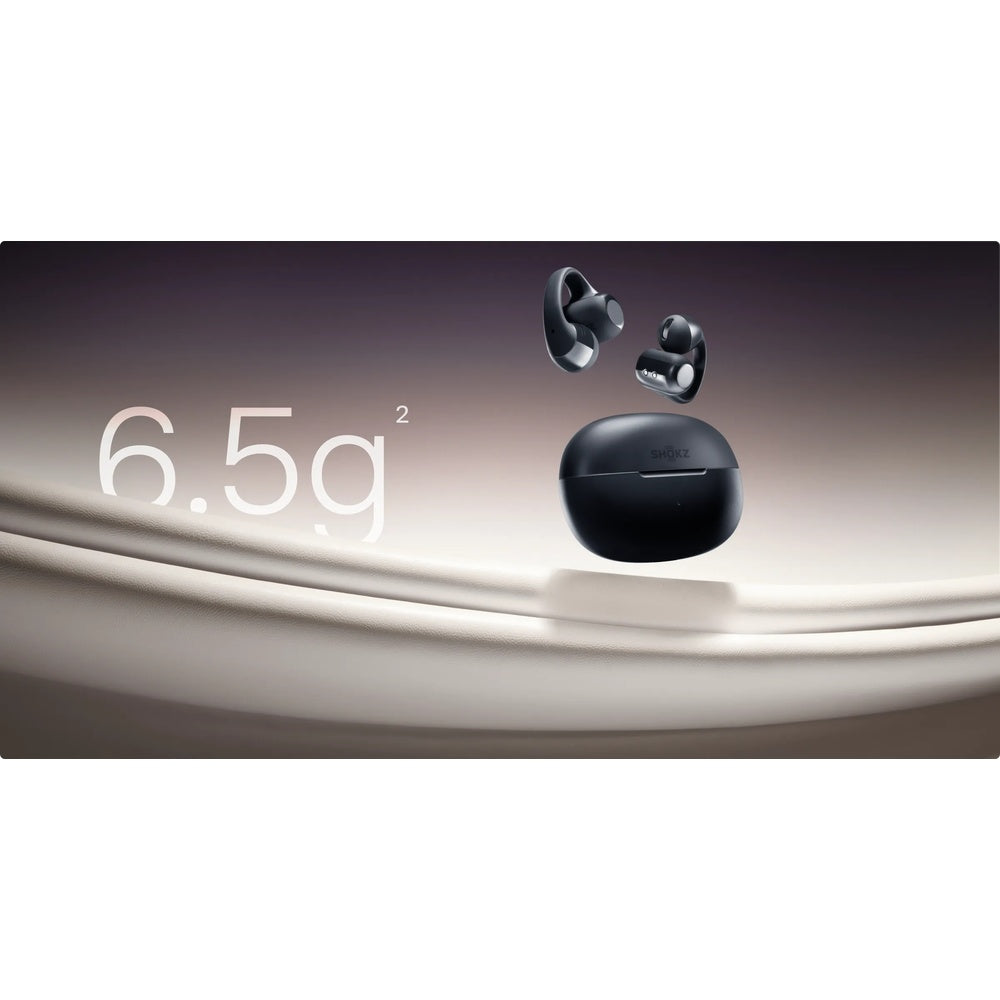 Shokz OpenDots ONE black wireless earbuds with charging case showing 6.5g weight specification