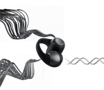 Shokz OpenDots ONE Black earbuds with flowing abstract design elements on white background
