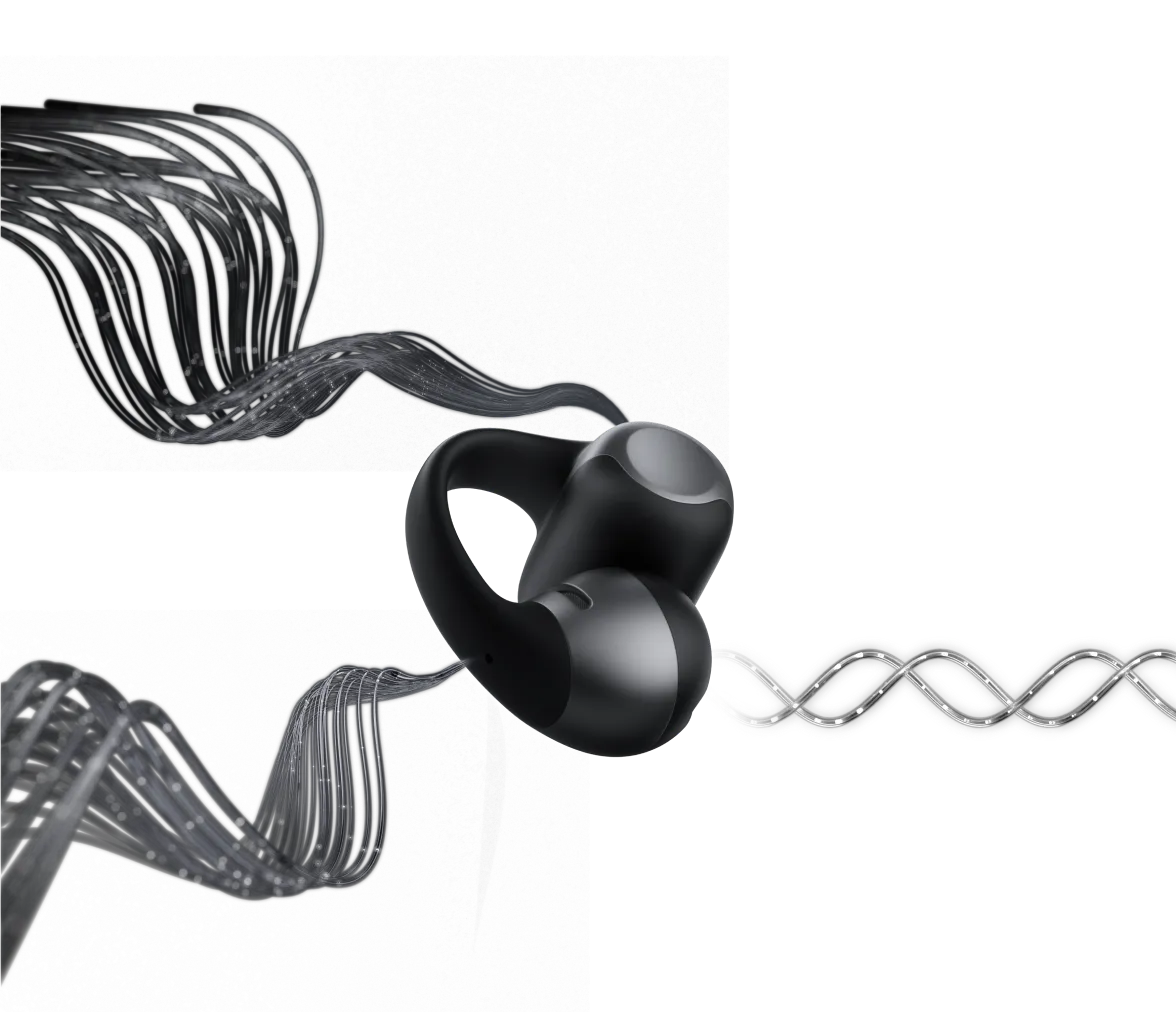 Shokz OpenDots ONE Black earbuds with flowing abstract design elements on white background