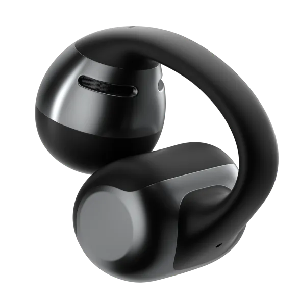 Shokz OpenDots ONE black wireless earbuds with ear hooks on white background