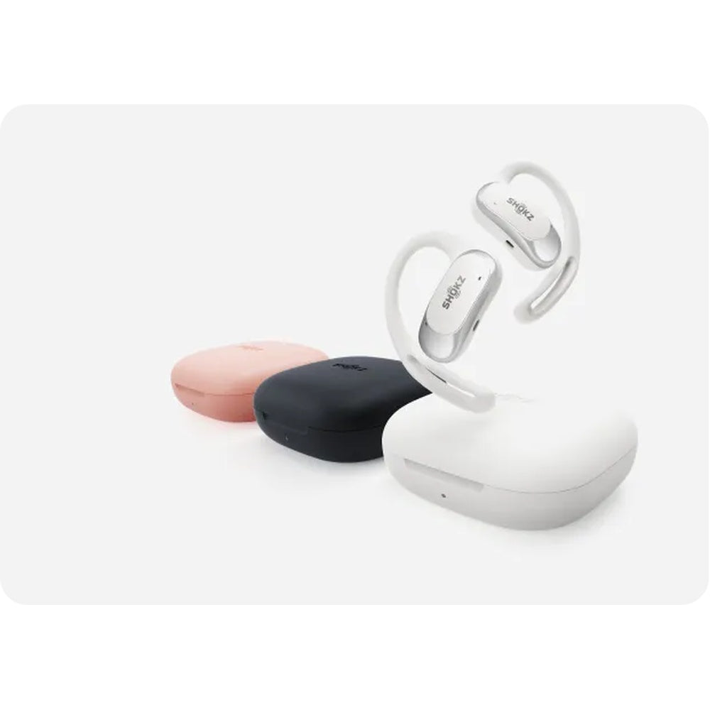 Shokz OpenFit Air earbuds with charging cases in pink, black and white colors