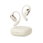 Shokz OpenFit 2 wireless earbuds in beige with charging case on white background