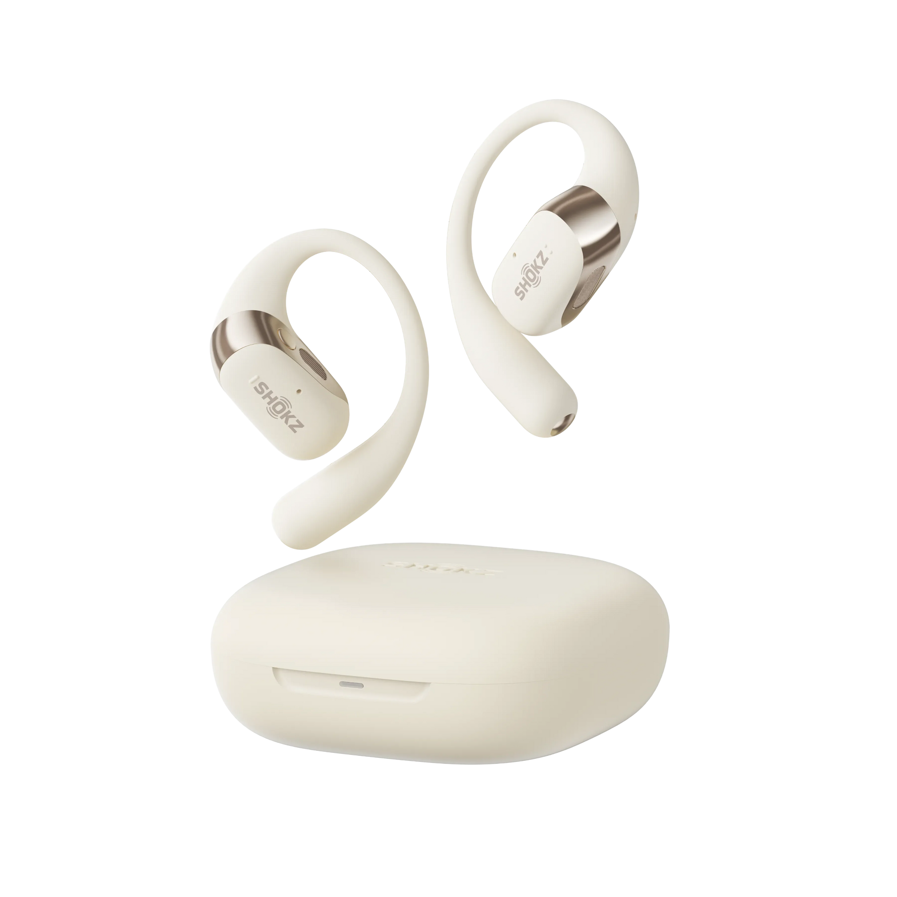 Shokz OpenFit 2 wireless earbuds in beige with charging case on white background