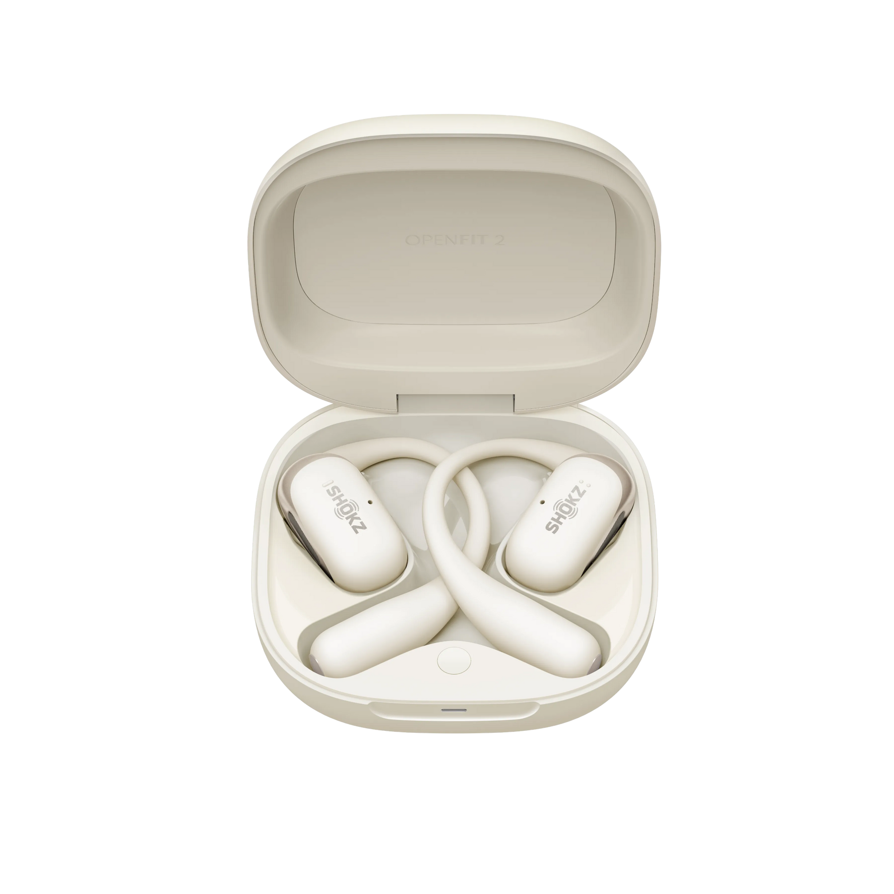 Shokz OpenFit 2 wireless earbuds in beige color with open charging case
