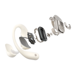 Shokz OpenFit 2 wireless earbuds exploded view showing beige components and internal parts
