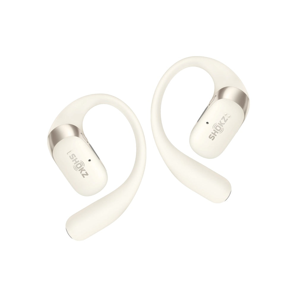 Shokz OpenFit 2 wireless earbuds in beige with open-ear design and ear hooks
