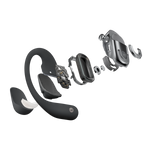 Shokz OpenFit 2 black wireless earbuds exploded view showing internal components