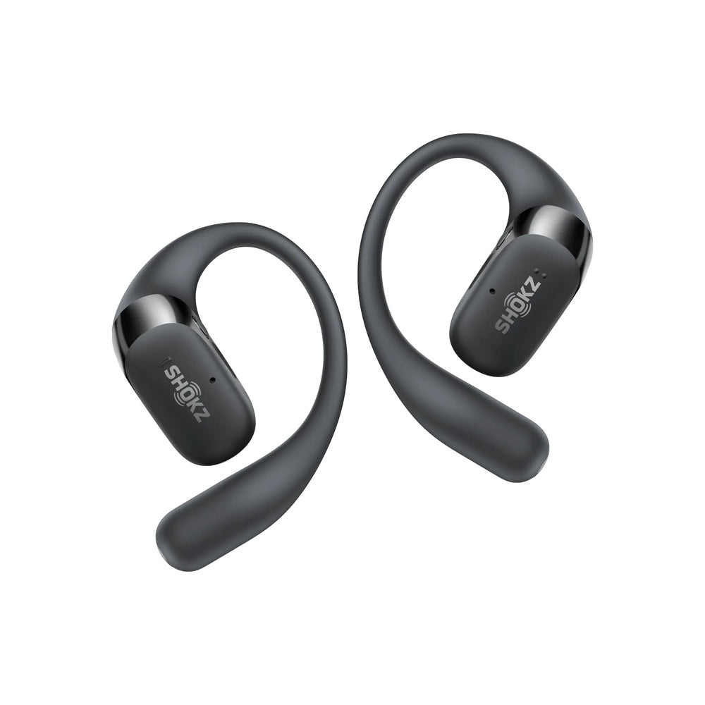 Shokz OpenFit 2 black wireless earbuds with ear hooks on white background