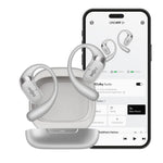 Shokz OpenFit 2+ white wireless earbuds with charging case and smartphone app interface