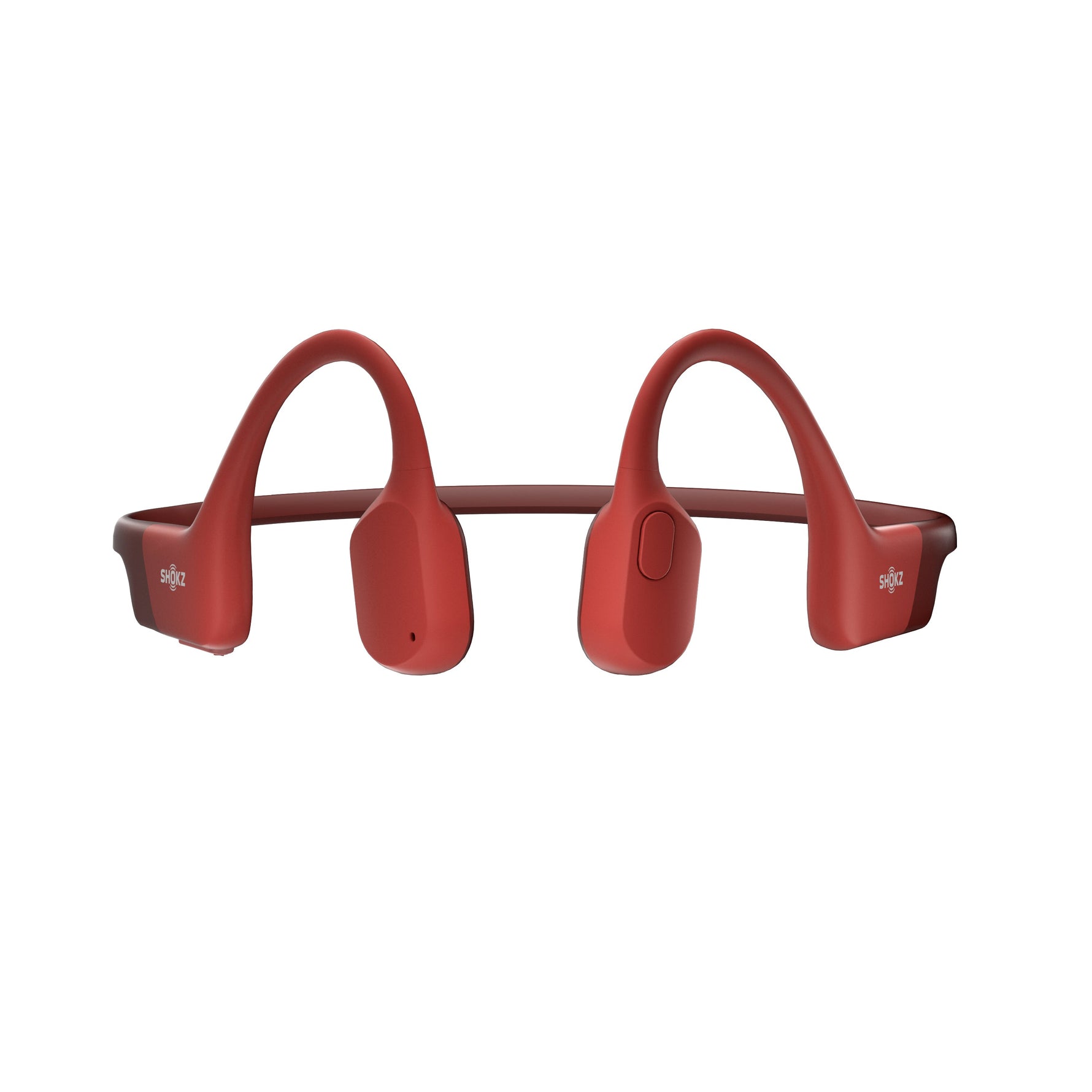 Red Shokz bone conduction headphones with open-ear design on clean white background