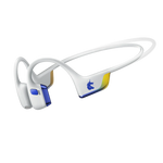Shokz OpenRun Pro 2 Mini bone conduction headphones in white with blue and yellow Boston Marathon colors
