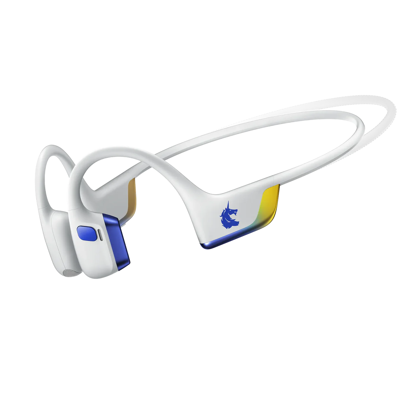 Shokz OpenRun Pro 2 Mini bone conduction headphones in white with blue and yellow Boston Marathon colors