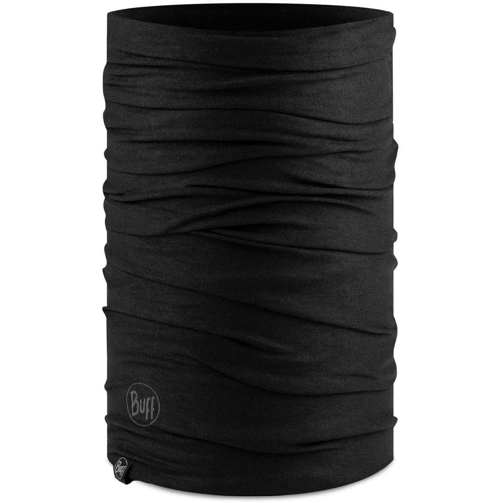 Buff brand black tubular neck gaiter displayed as a cylindrical product on white background