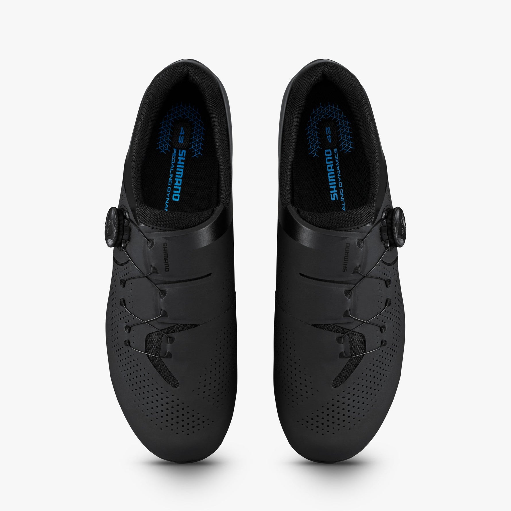 Shimano SH-RC302 black cycling shoes top view with BOA closure and blue insoles