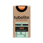 Tubolito road bike tube packaging with orange valve cap and product specifications