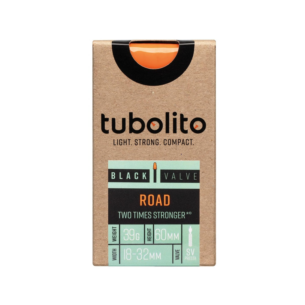 Tubolito road bike tube packaging with orange valve cap and product specifications