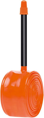 Orange Tubolito Tubo Road bicycle inner tube with Presta valve on white background