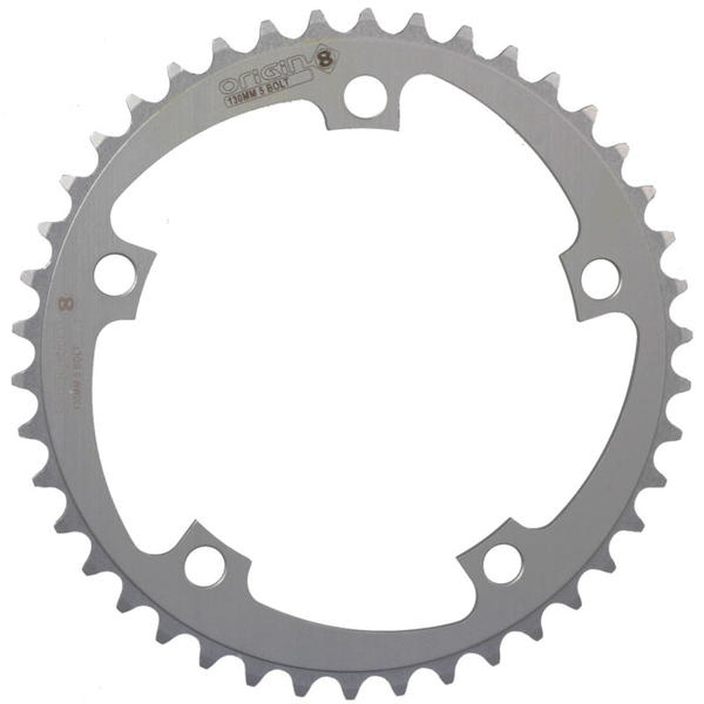 Origin8 94mm 44T aluminum chainring in silver finish with mounting holes