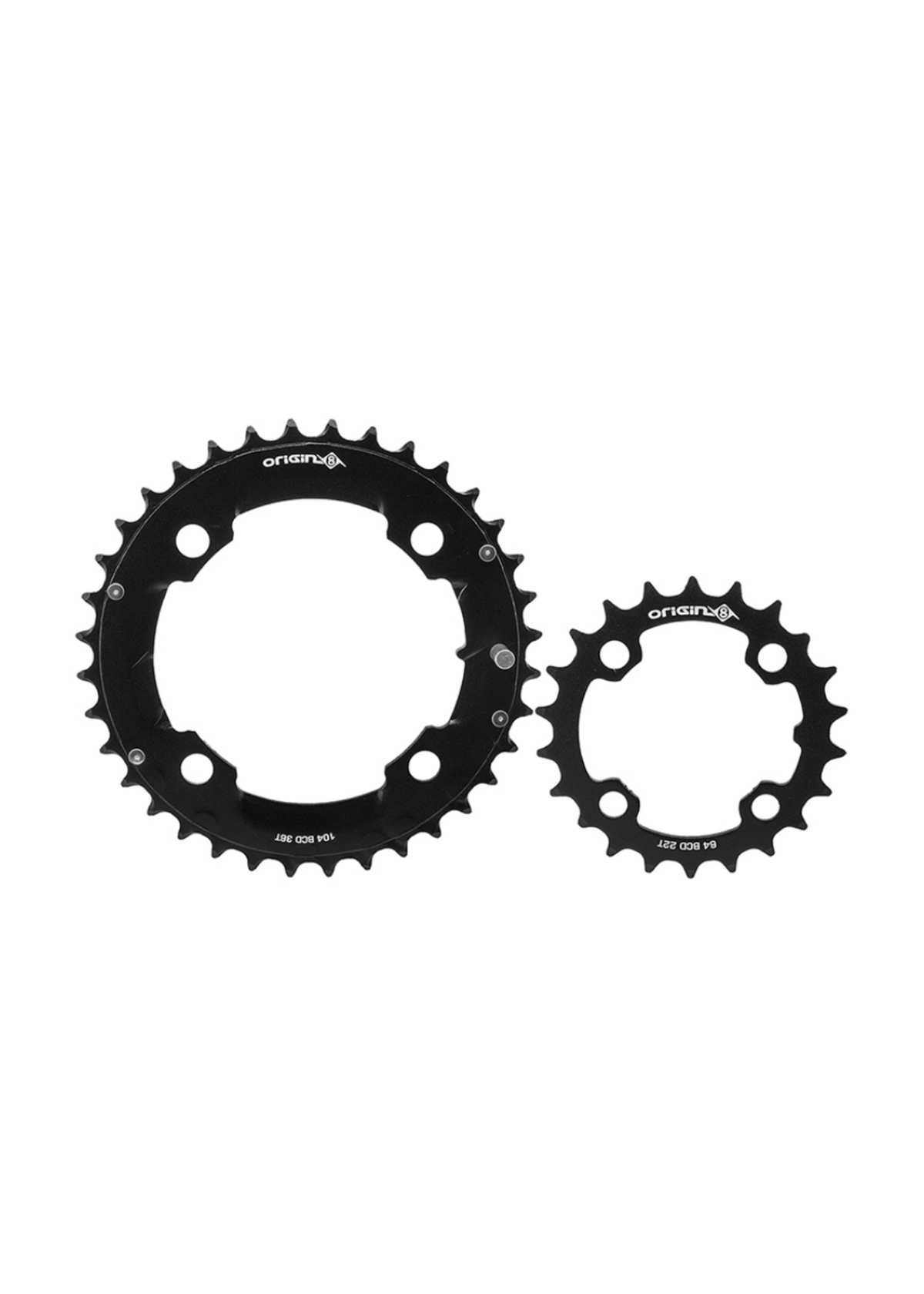 Origin8 Thruster black chainring set with 36T and 22T sprockets on white background