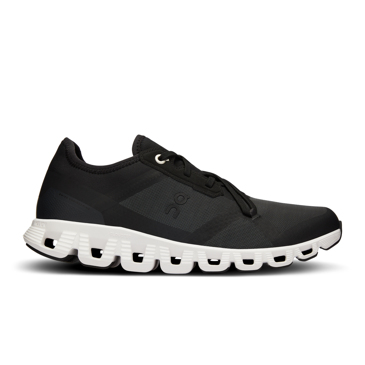 On Cloud X 3 running shoe in black with white sole and distinctive cloud cushioning pods