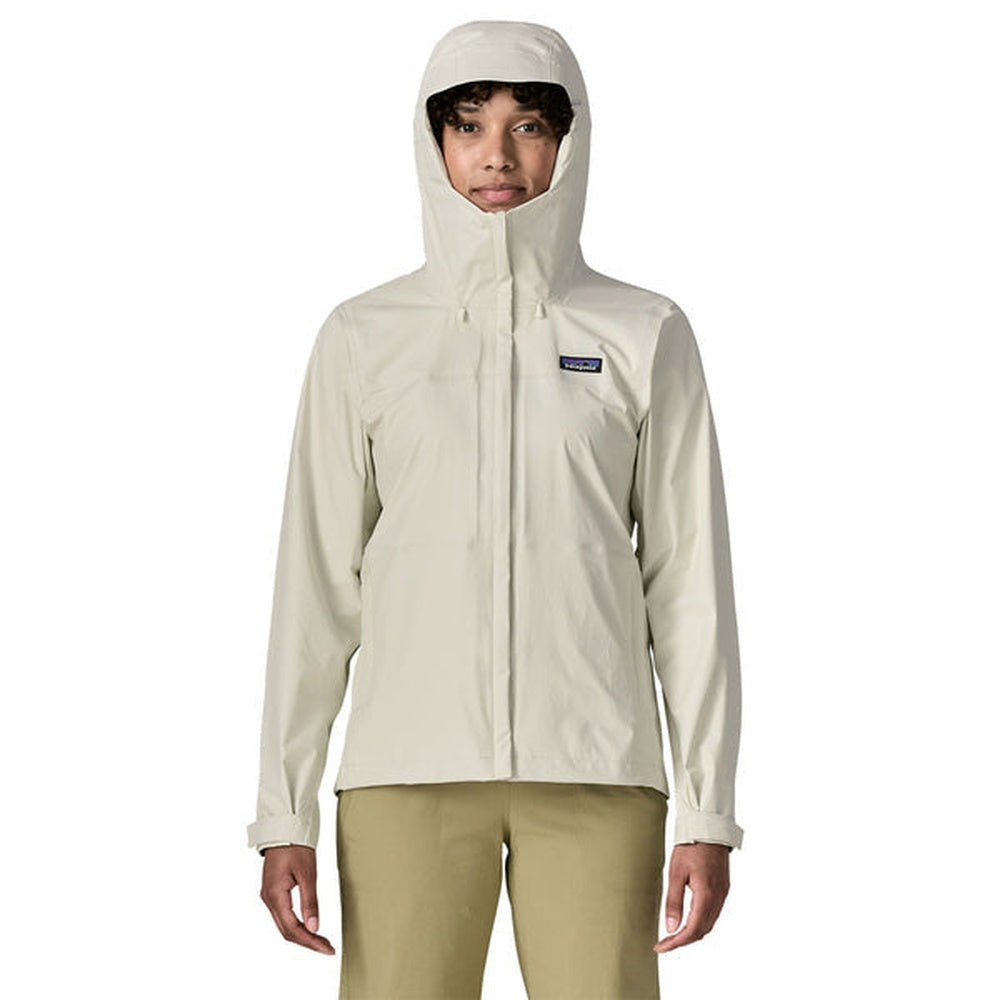 Patagonia Women's Torrentshell 3L Jacket in Birch White, front view on model