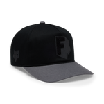 Fox Racing snapback hat with black crown, gray brim, and embroidered F logo