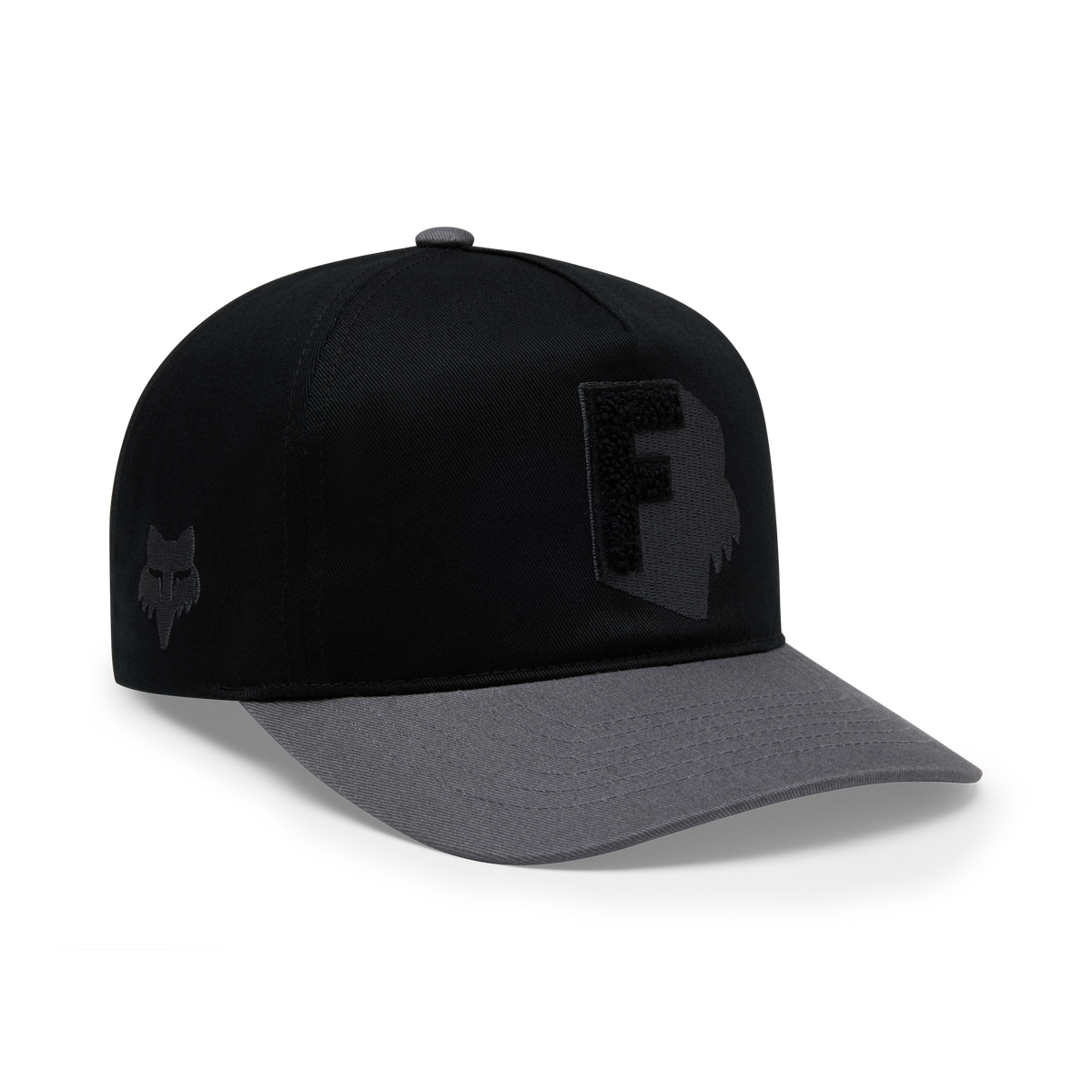 Fox Racing snapback hat with black crown, gray brim, and embroidered F logo