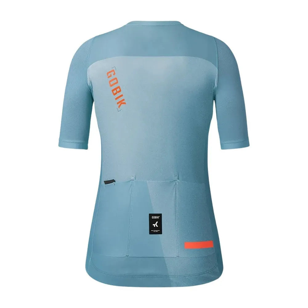 Gobik Stark women's cycling jersey in sky blue with orange branding and rear pockets