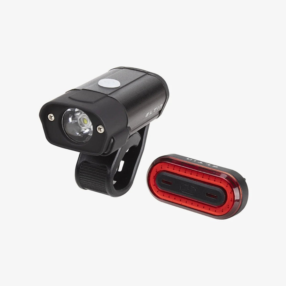 ELTIN bike light set with black front light and red rear light on white background