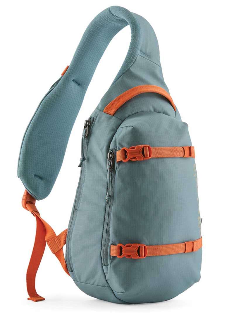 Patagonia Atom Sling 8L backpack in blue sage with orange trim