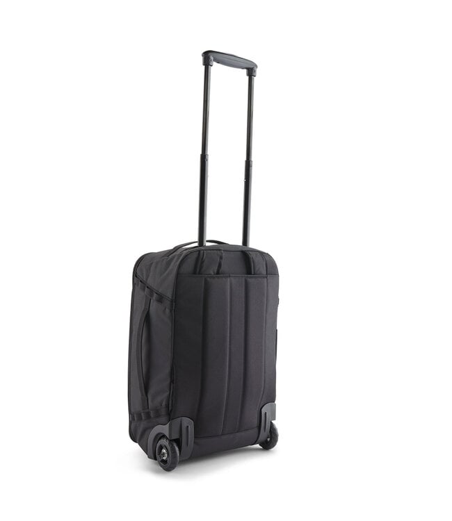 Patagonia Black Hole MLC Wheelie 34L black luggage with telescoping handle fully extended, rear view