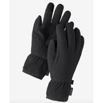 Black Patagonia Synchilla fleece gloves with elastic wrists on white background
