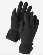 Black Patagonia Synchilla fleece gloves with elastic wrist cuffs on white background