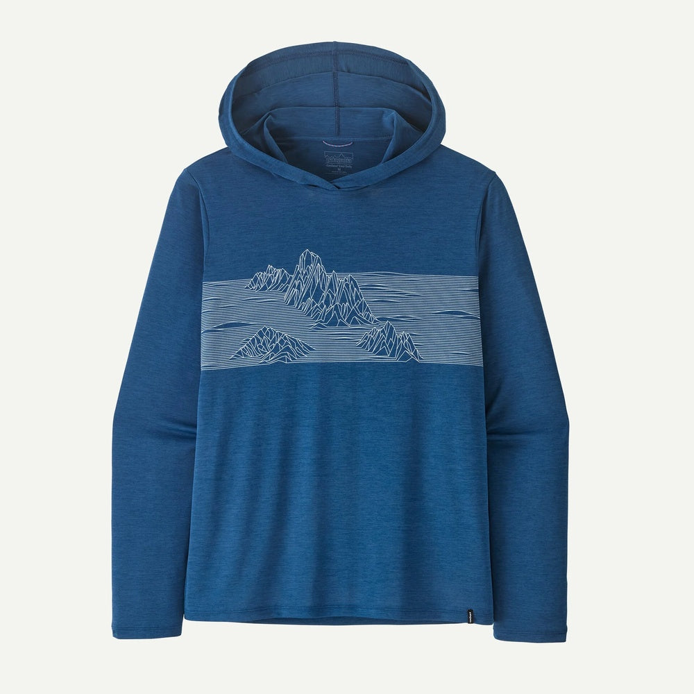 Blue Patagonia men's hooded pullover with white mountain line art design