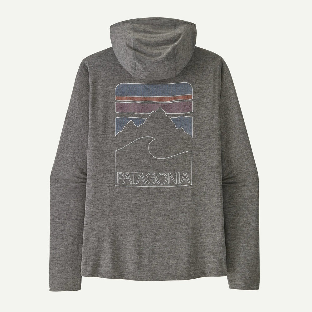 Patagonia men's grey hooded sun protection shirt with mountain logo on back