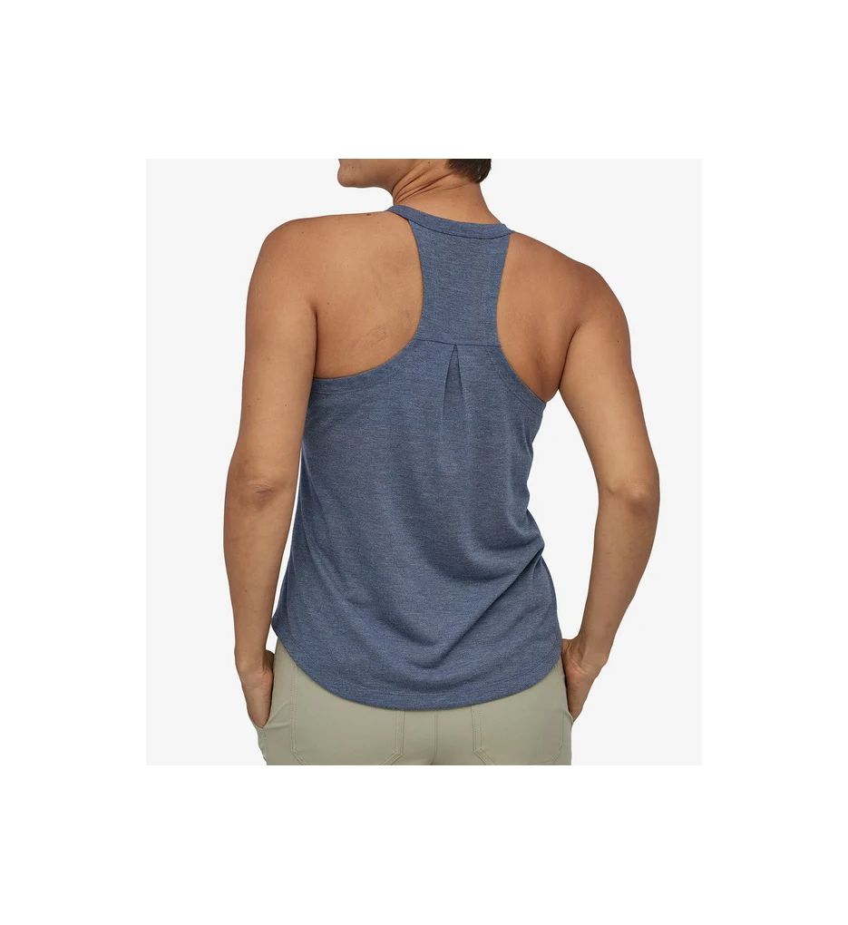Back view of woman wearing Patagonia navy heathered racerback tank top