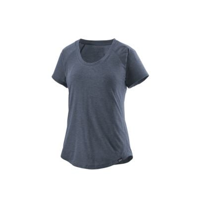Patagonia women's short sleeve athletic shirt in heathered blue-gray color