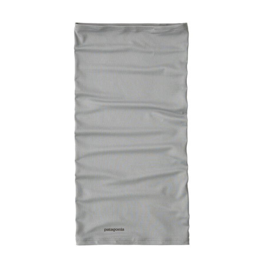 Patagonia light gray neck gaiter or face mask on white background