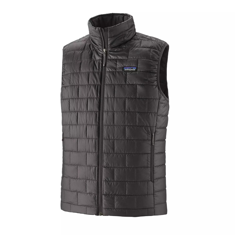 Patagonia Nano Puff Vest in black, quilted insulated sleeveless jacket with zip front
