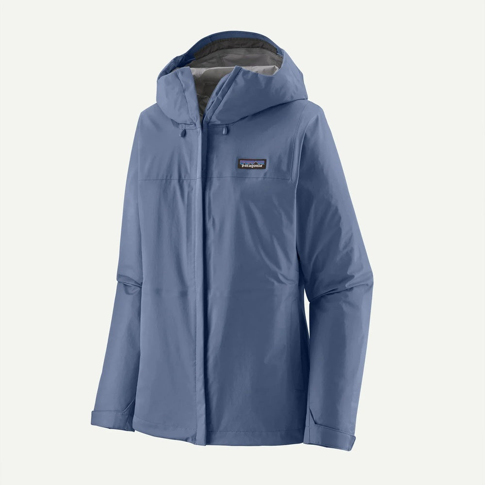 Patagonia Women's Torrentshell 3L Jacket in light blue with hood and zip closure