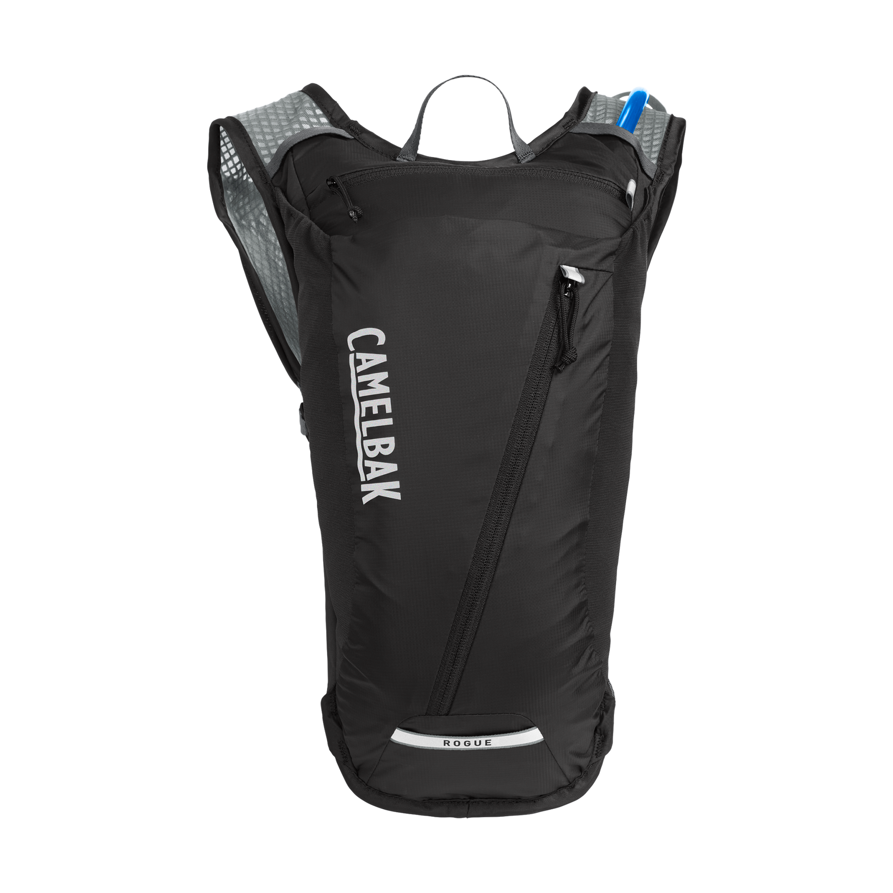 CamelBak Rogue black hydration backpack with white logo and blue hydration tube