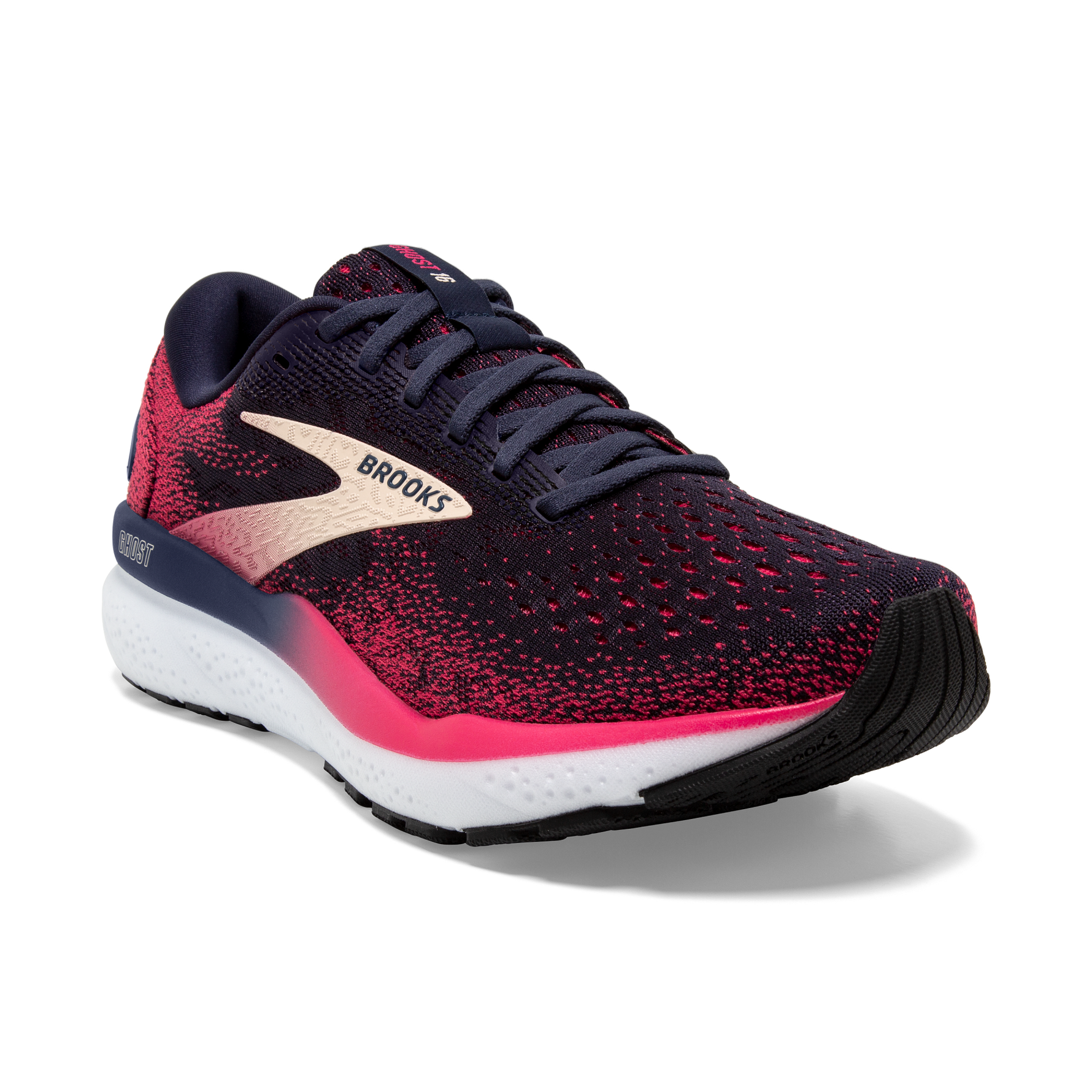 Brooks Ghost 16 women's running shoe in peacoat navy with raspberry pink knit upper