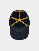 Pirelli black baseball cap shown from interior view revealing yellow branded seam tape