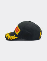 Pirelli black baseball cap with gold laurel wreath brim and red logo embroidery