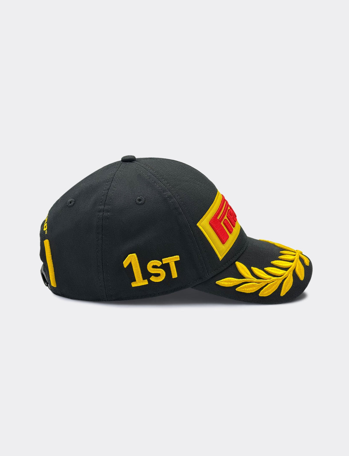 Pirelli black baseball cap with gold laurel wreath, 1ST embroidery, and red Pirelli logo