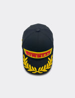 Pirelli black baseball cap with yellow laurel wreath and red logo embroidery on brim