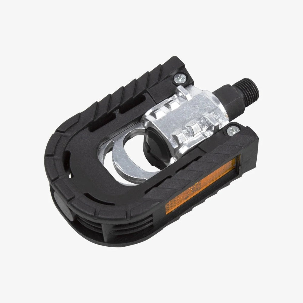 Black folding bicycle pedal with silver metal mechanism and orange reflector strip